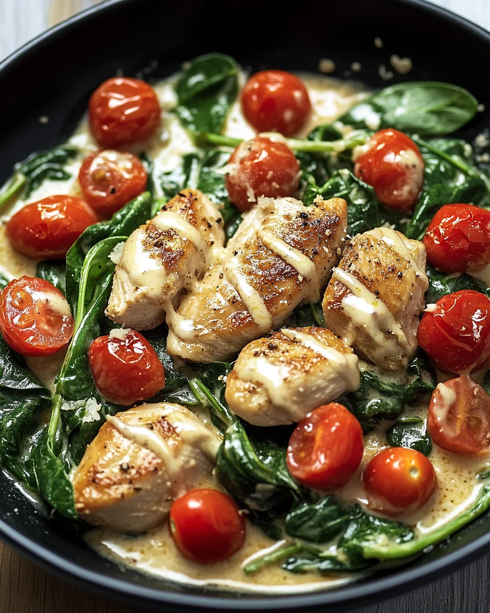 Keto Hähnchen-Spinat-Tomaten-Pfanne