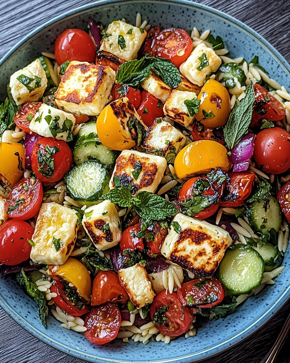 Kritharaki-Salat mit Halloumi-Croutons