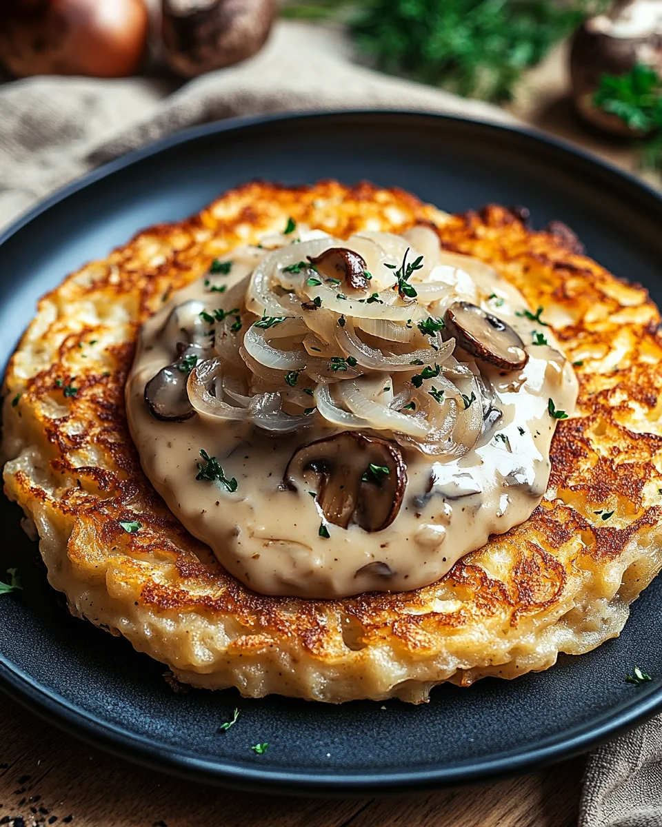 Mozzarella Rösti mit Zwiebel-Pilzrahmsoße