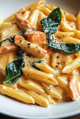 Penne in Lachs-Sahne-Sauce mit Spinat