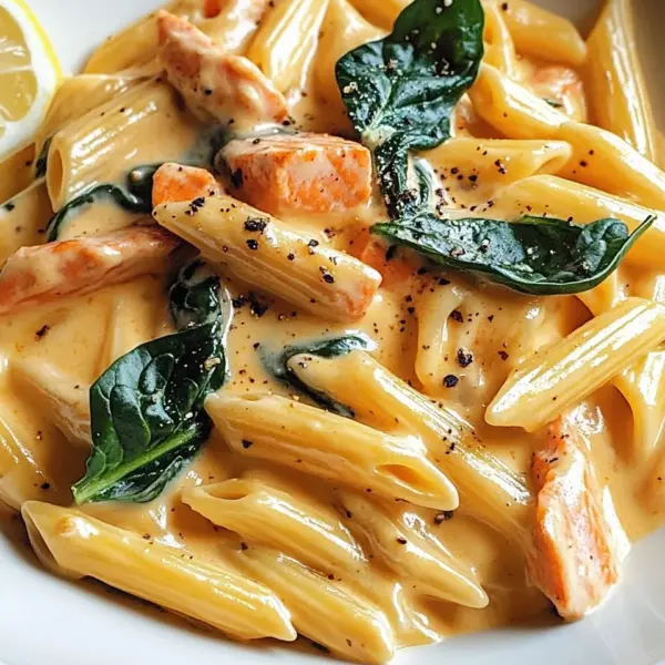Penne in Lachs-Sahne-Sauce mit Spinat