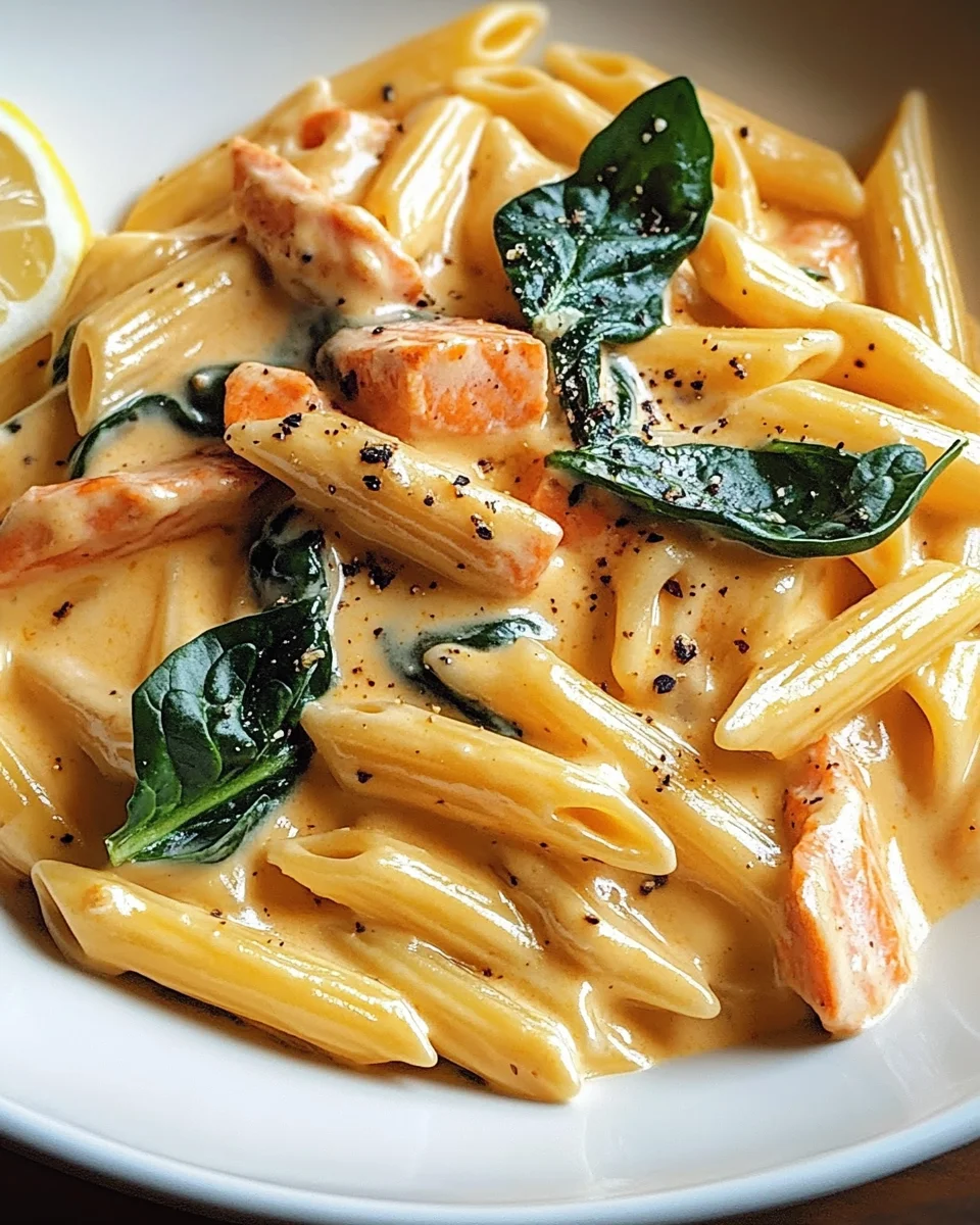Penne in Lachs-Sahne-Sauce mit Spinat
