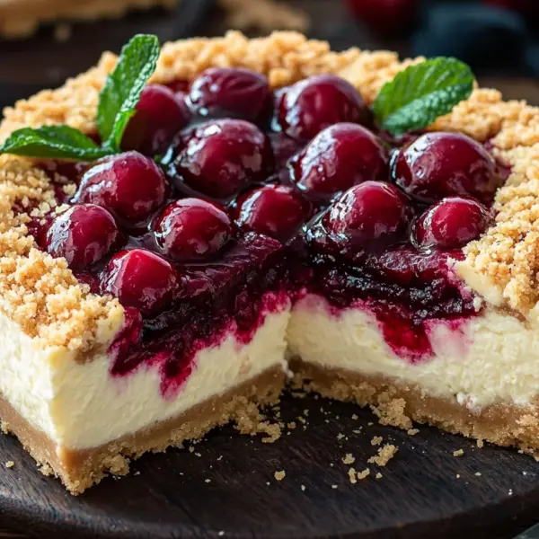 Saftiger Käsekuchen mit Kirschen und Streuseln