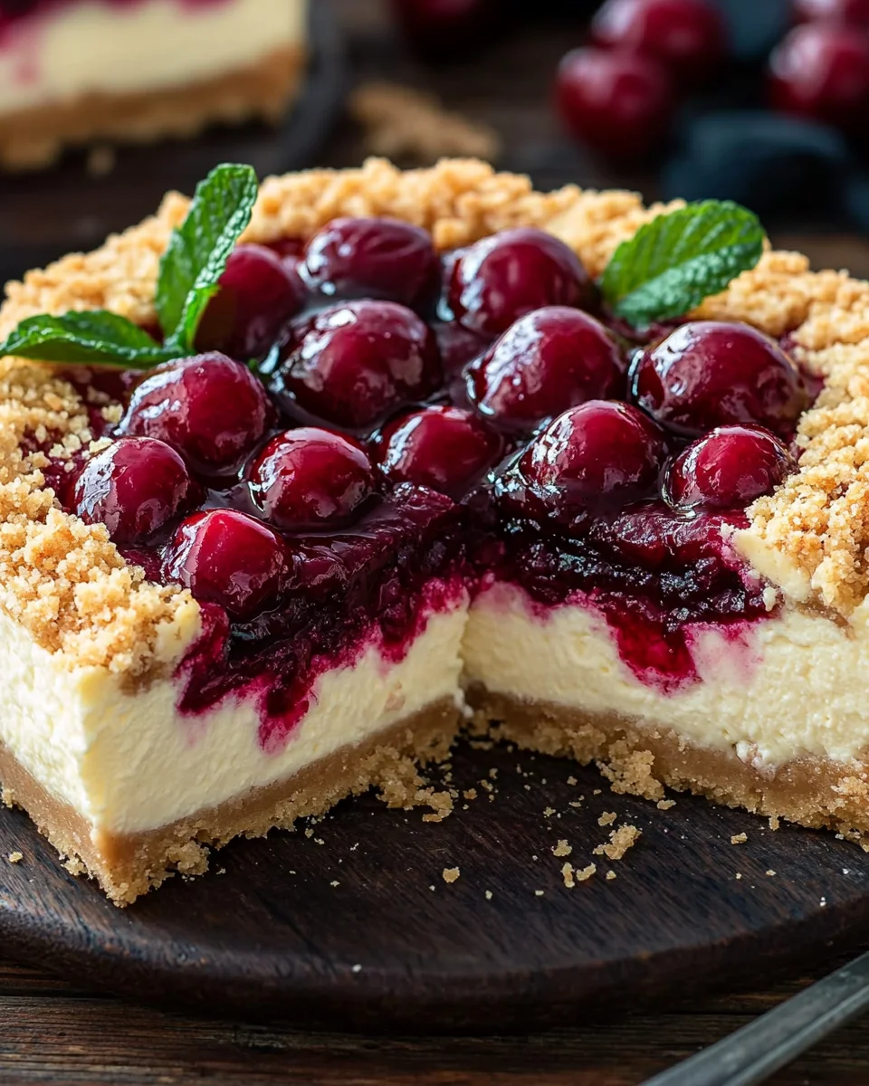 Saftiger Käsekuchen mit Kirschen und Streuseln