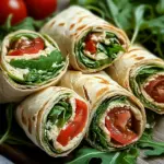 Vegetarische Wrap-R&ouml;llchen mit Rucola und Tomaten
