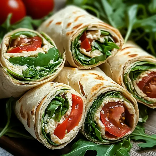 Vegetarische Wrap-Röllchen mit Rucola und Tomaten