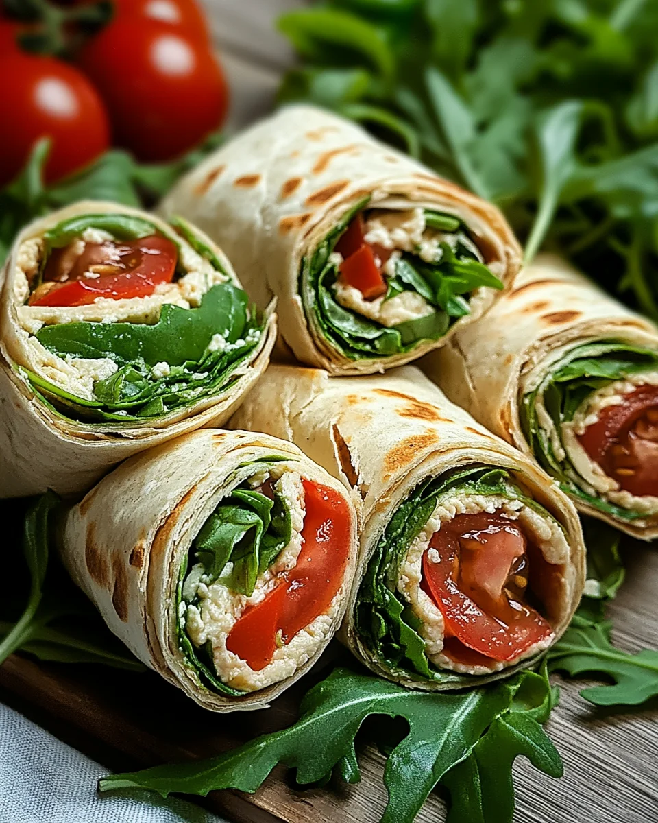 Vegetarische Wrap-Röllchen mit Rucola und Tomaten