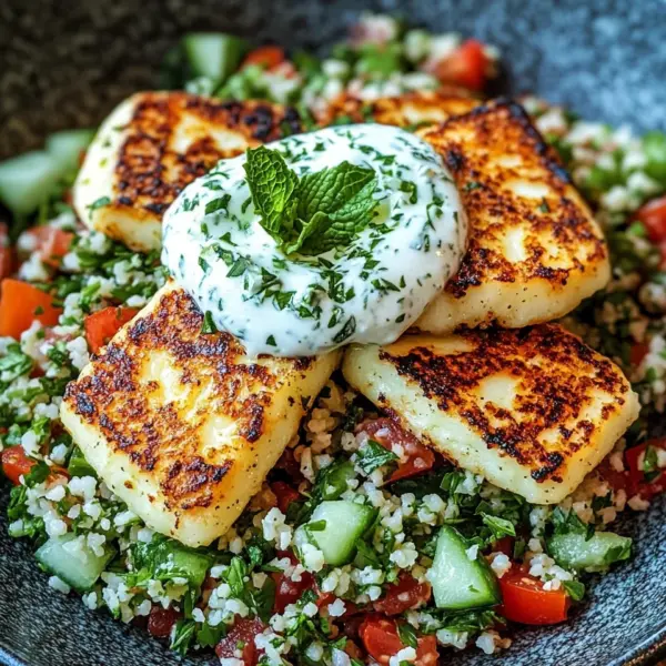 Würziger Halloumi mit Tabbouleh und Minzjoghurt