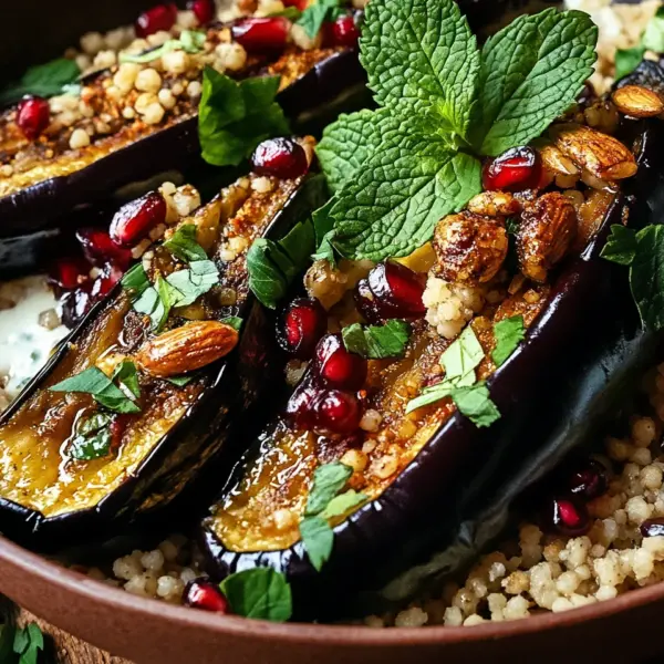 Auberginen mit Dattel-Mandel-Couscous und Minze