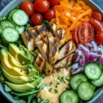Bunte Salat Bowl mit Avocado, H&auml;hnchen und Knoblauchdressing