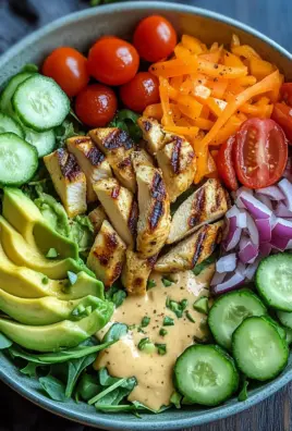 Bunte Salat Bowl mit Avocado, Hähnchen und Knoblauchdressing