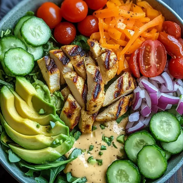 Bunte Salat Bowl mit Avocado, Hähnchen und Knoblauchdressing