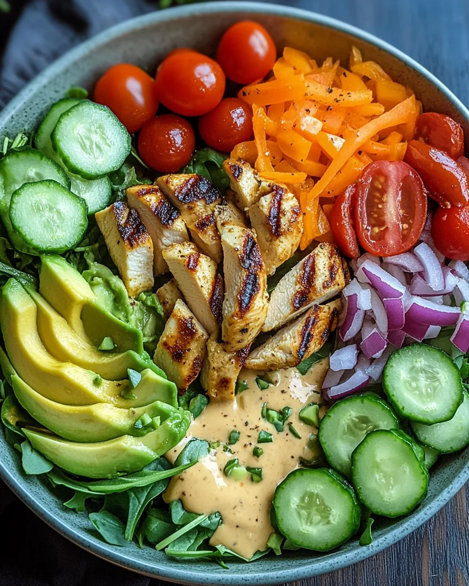 Bunte Salat Bowl mit Avocado, Hähnchen und Knoblauchdressing