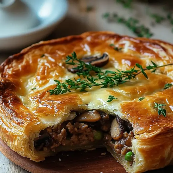 Torte mit Pilzen, Hackfleisch und Käse