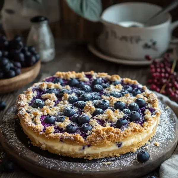 Blaubeerkuchen mit Pudding und Streusel