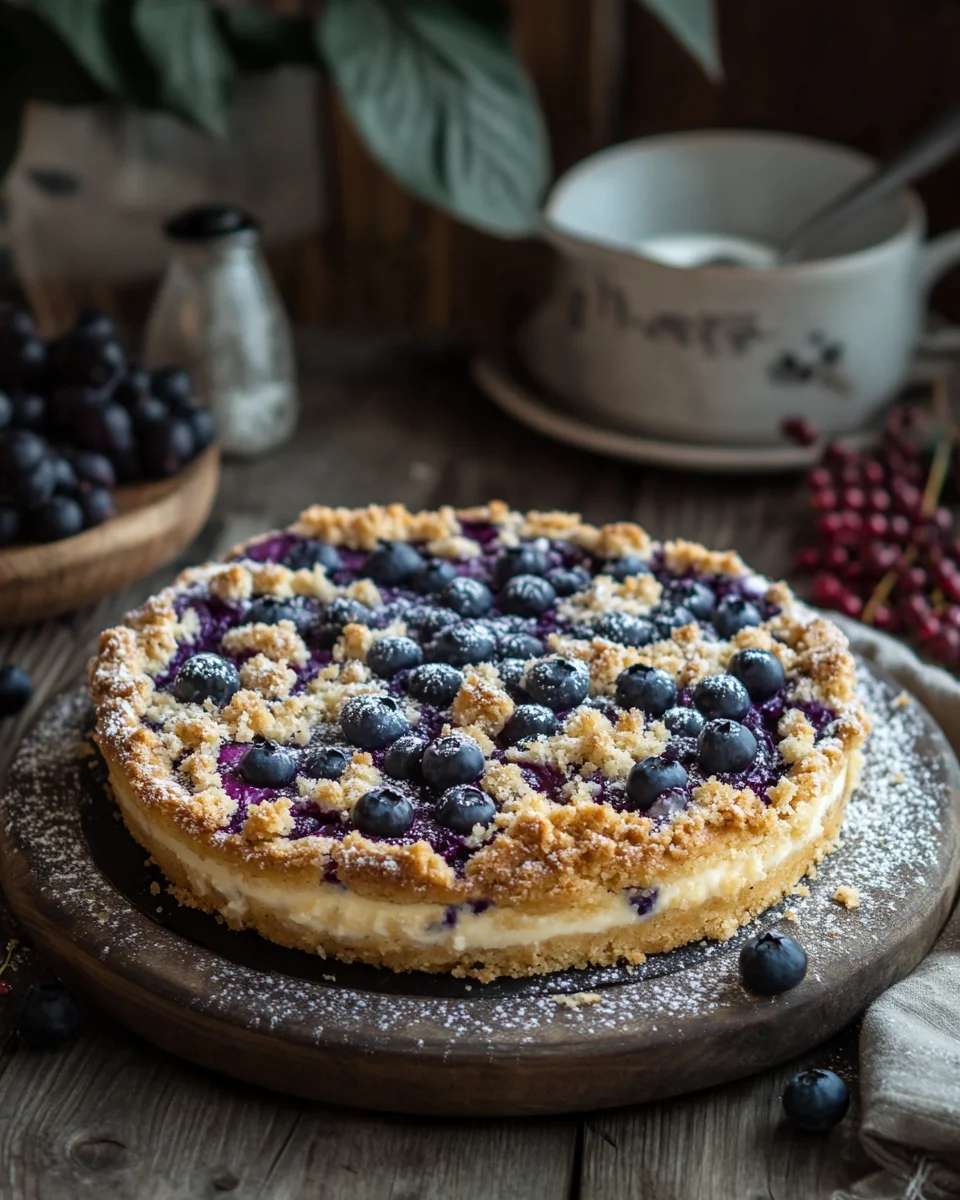 Blaubeerkuchen mit Pudding und Streusel