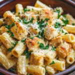 Cremiges Knoblauchbutter-Huhn und Rigatoni in Parmesan-So&szlig;e