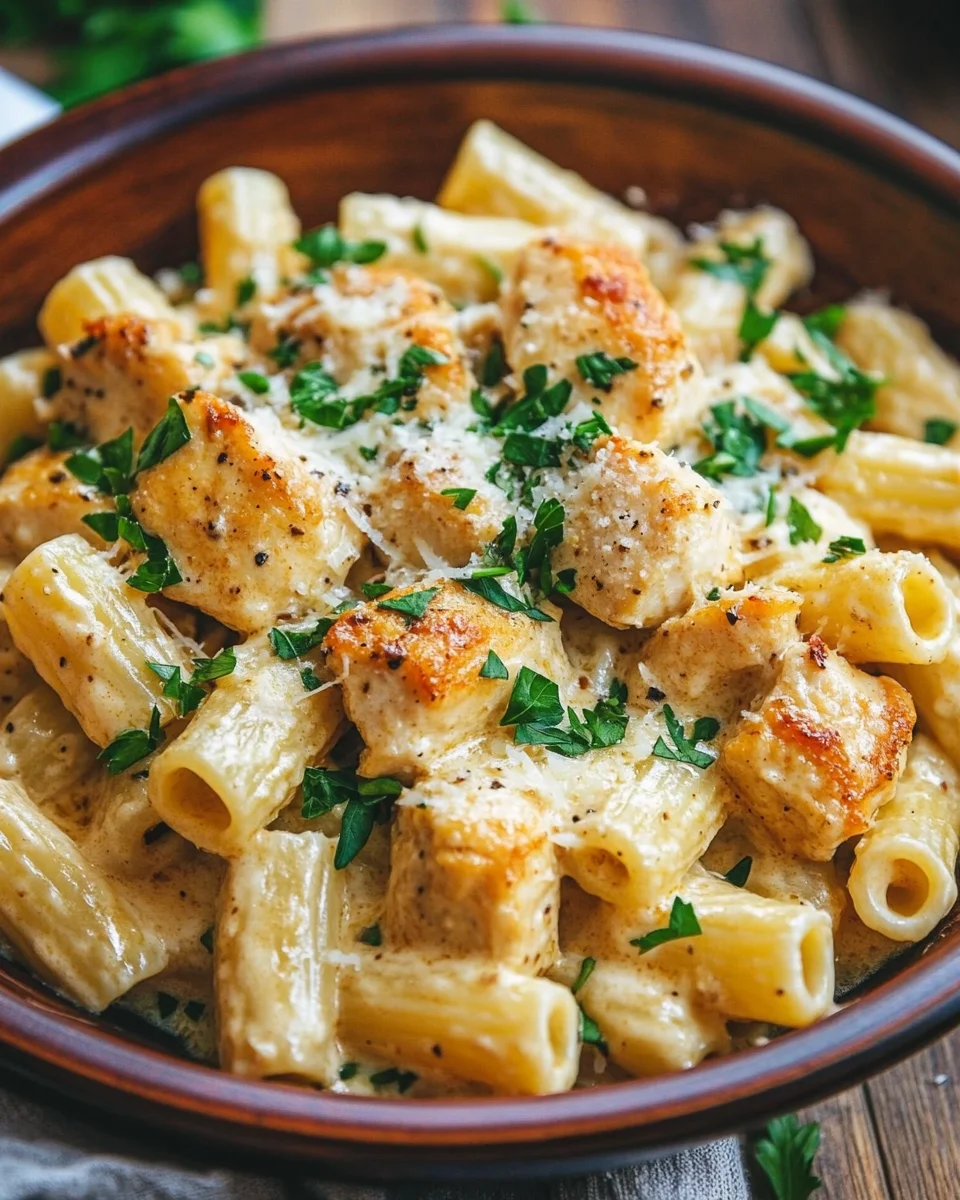 Cremiges Knoblauchbutter-Huhn und Rigatoni in Parmesan-So&szlig;e