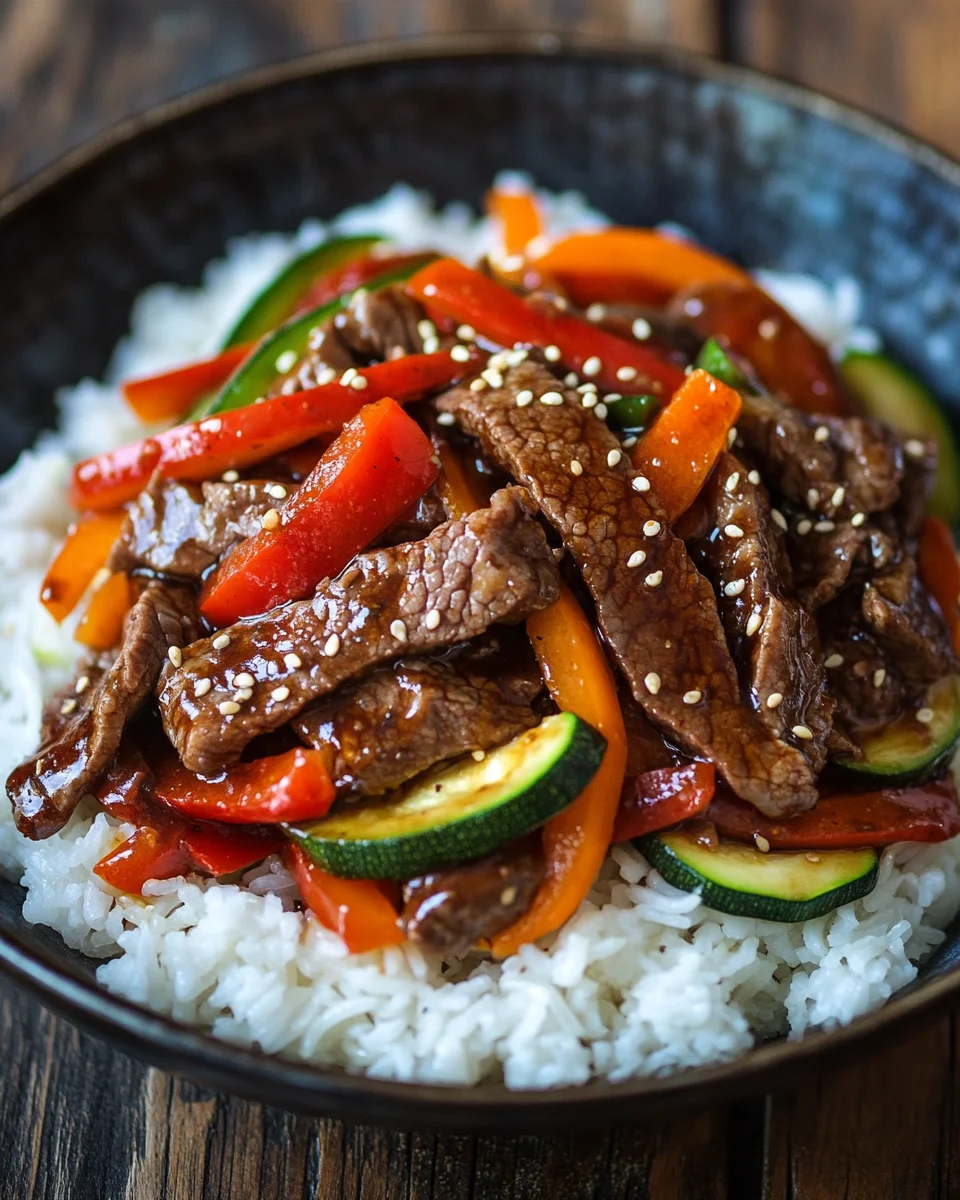 Ein Pfannengericht Teriyaki Rindfleisch mit Reis 17 Ein