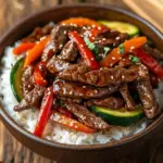 Ein Pfannengericht Teriyaki Rindfleisch mit Reis