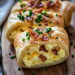 Fr&uuml;hst&uuml;cksrollen mit R&uuml;hrei, K&auml;se und Speck