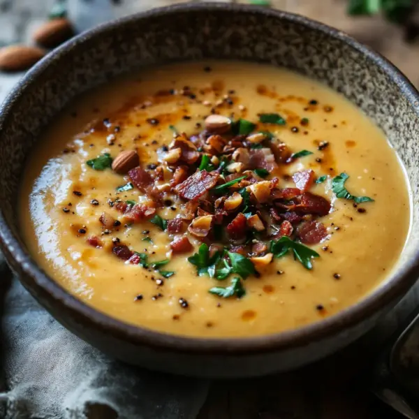 Maronensuppe mit karamellisierten Nüssen und Speck
