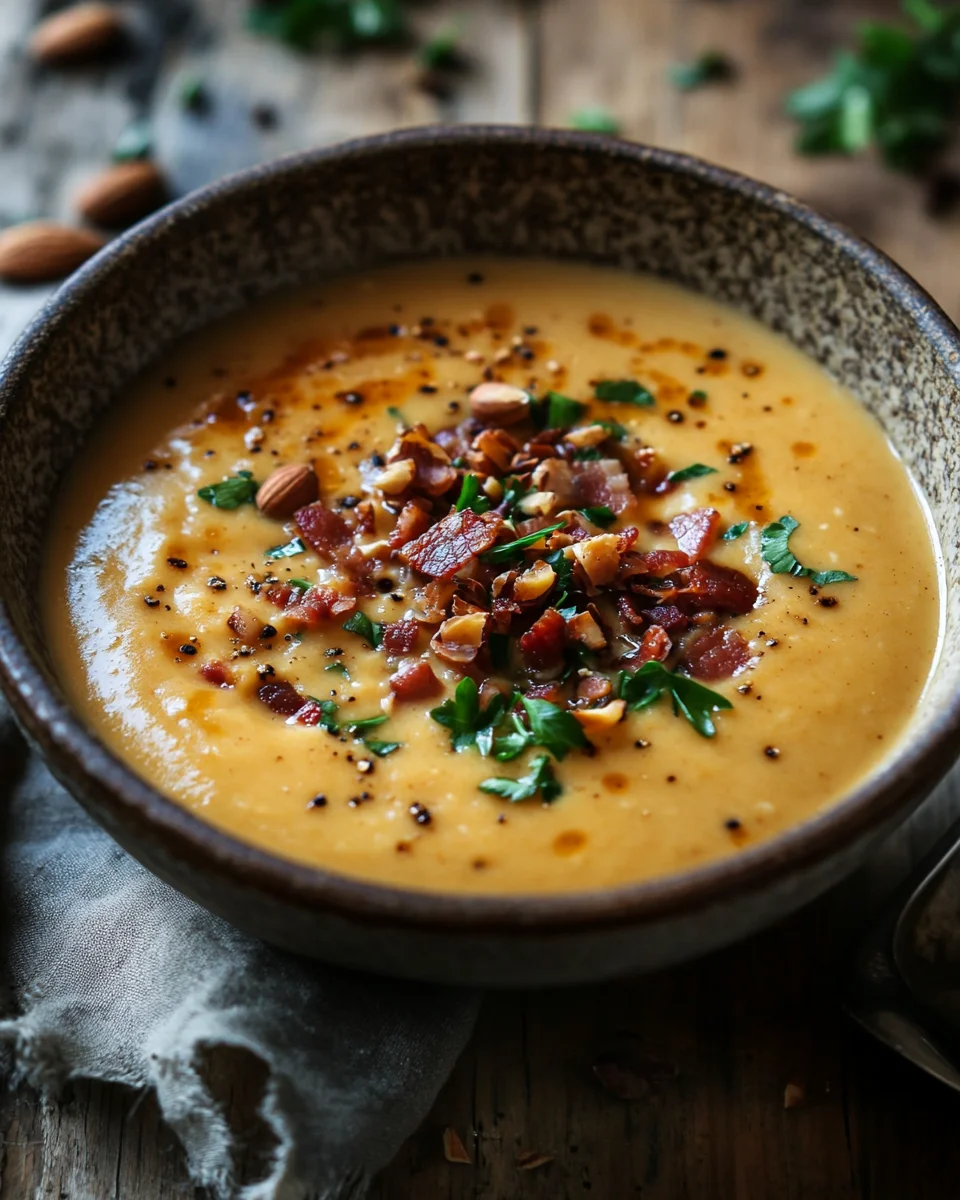 Maronensuppe mit karamellisierten Nüssen und Speck
