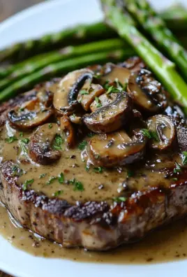 Ribeye Steak with Creamy Mushroom Sauce and Asparagus