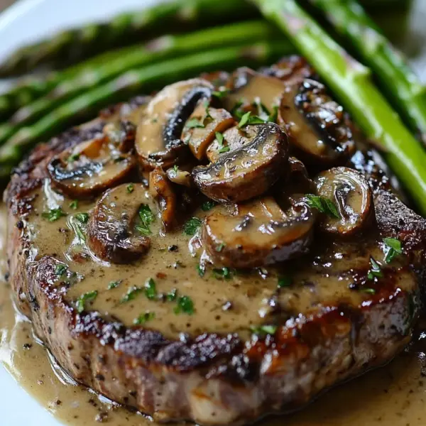 Ribeye Steak with Creamy Mushroom Sauce and Asparagus