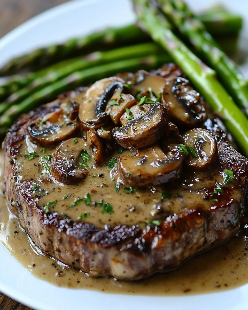 Ribeye Steak with Creamy Mushroom Sauce and Asparagus