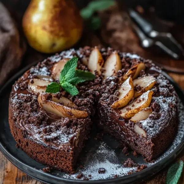 Saftiger Schokoladen-Birnenkuchen mit Schoko-Streuseln