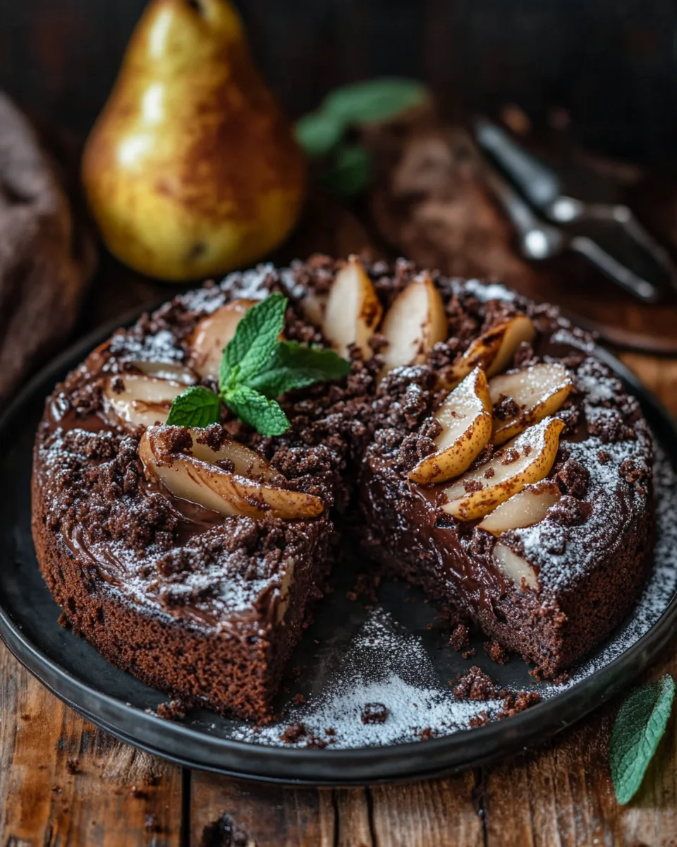 Saftiger Schokoladen-Birnenkuchen mit Schoko-Streuseln
