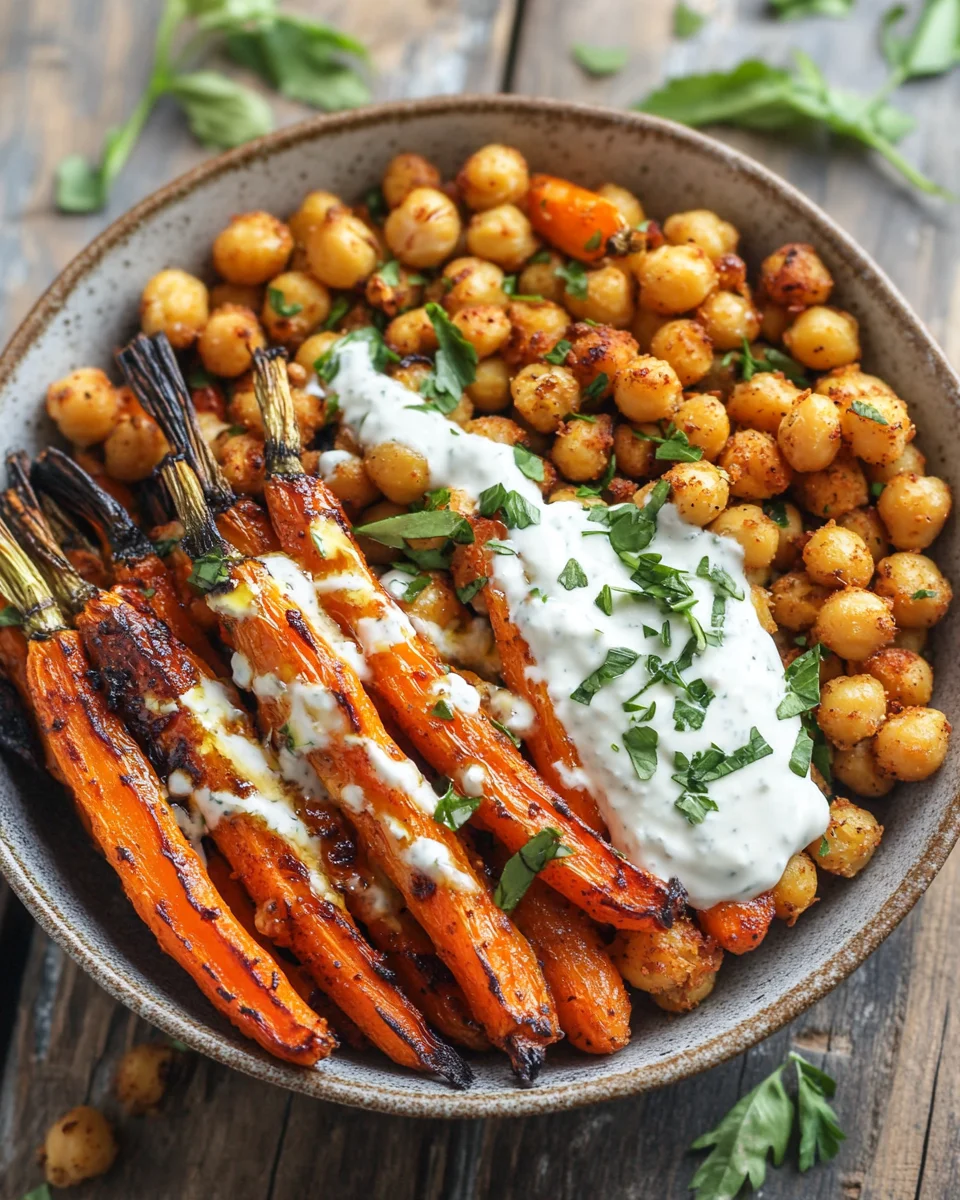 Spicy Maple-Roasted Carrots with Crispy Chickpeas and Yogurt Sauce
