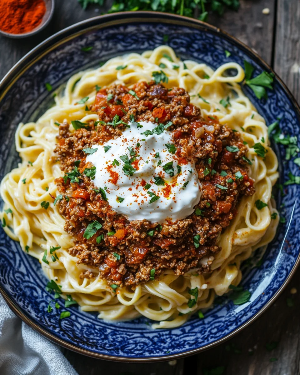 Türkische Pasta mit Hackfleisch und Joghurt-Sauce